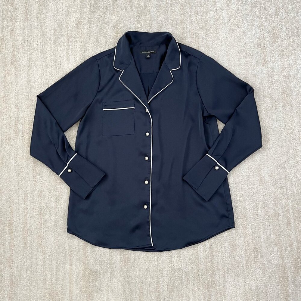 Banana Republic Long Sleeve Button Up Pajamas Blouse Top S Blue
